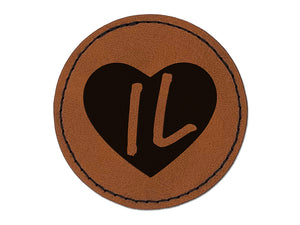 IL Illinois State in Heart Round Iron-On Engraved Faux Leather Patch Applique - 2.5"