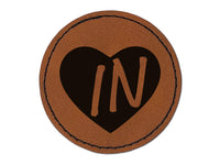 IN Indiana State in Heart Round Iron-On Engraved Faux Leather Patch Applique - 2.5"