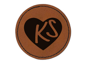 KS Kansas State in Heart Round Iron-On Engraved Faux Leather Patch Applique - 2.5"