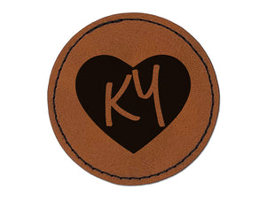 KY Kentucky State in Heart Round Iron-On Engraved Faux Leather Patch Applique - 2.5"