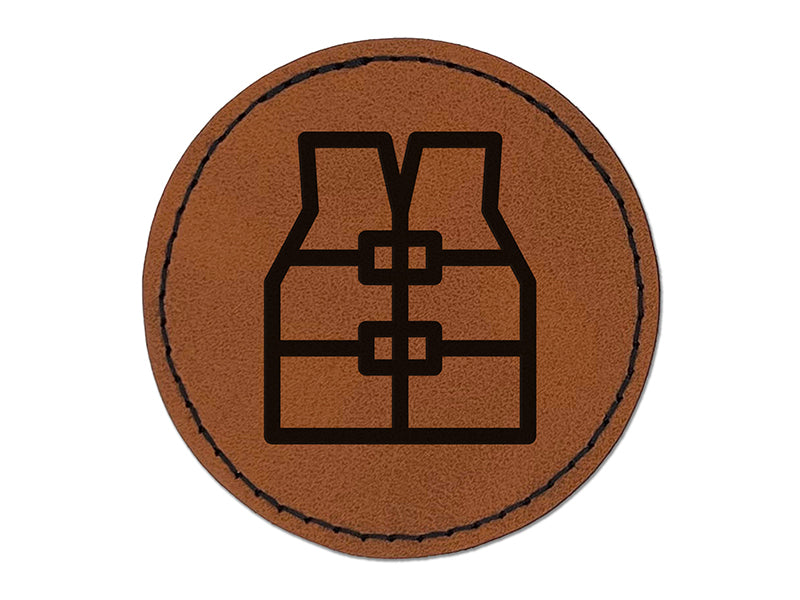 Life Jacket Vest Icon Round Iron-On Engraved Faux Leather Patch Applique - 2.5"