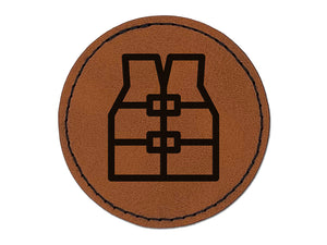 Life Jacket Vest Icon Round Iron-On Engraved Faux Leather Patch Applique - 2.5"