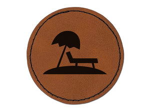 Lounge Chair Umbrella Beach Sun Round Iron-On Engraved Faux Leather Patch Applique - 2.5"