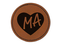 MA Massachusetts State in Heart Round Iron-On Engraved Faux Leather Patch Applique - 2.5"