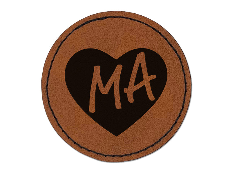 MA Massachusetts State in Heart Round Iron-On Engraved Faux Leather Patch Applique - 2.5"