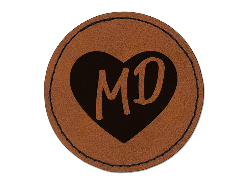 MD Maryland State in Heart Round Iron-On Engraved Faux Leather Patch Applique - 2.5"