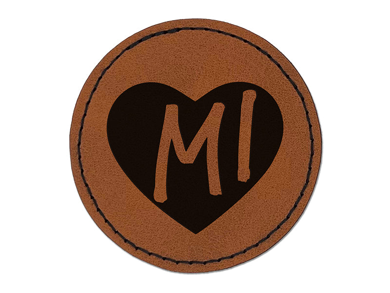 MI Michigan State in Heart Round Iron-On Engraved Faux Leather Patch Applique - 2.5"