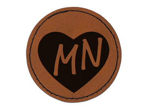 MN Minnesota State in Heart Round Iron-On Engraved Faux Leather Patch Applique - 2.5"