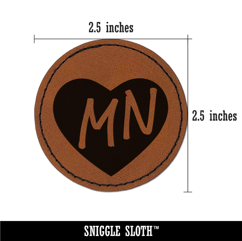 MN Minnesota State in Heart Round Iron-On Engraved Faux Leather Patch Applique - 2.5"