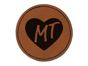 MT Montana State in Heart Round Iron-On Engraved Faux Leather Patch Applique - 2.5"