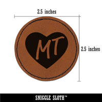 MT Montana State in Heart Round Iron-On Engraved Faux Leather Patch Applique - 2.5"