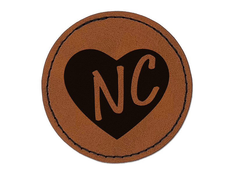 NC North Carolina State in Heart Round Iron-On Engraved Faux Leather Patch Applique - 2.5"