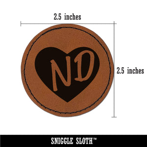 ND North Dakota State in Heart Round Iron-On Engraved Faux Leather Patch Applique - 2.5"