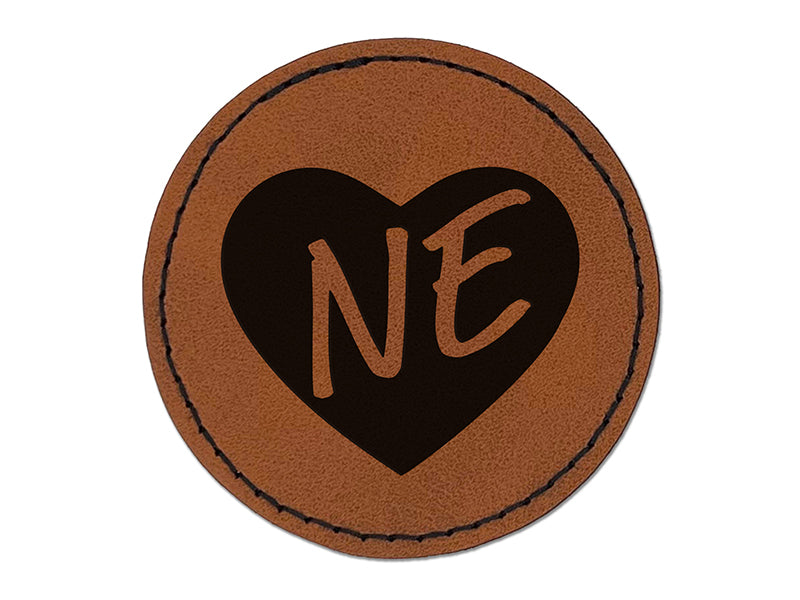 NE Nebraska State in Heart Round Iron-On Engraved Faux Leather Patch Applique - 2.5"