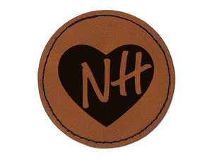 NH New Hampshire State in Heart Round Iron-On Engraved Faux Leather Patch Applique - 2.5"