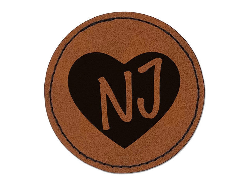 NJ New Jersey State in Heart Round Iron-On Engraved Faux Leather Patch Applique - 2.5"