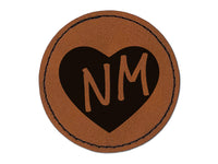 NM New Mexico State in Heart Round Iron-On Engraved Faux Leather Patch Applique - 2.5"