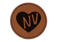 NV Nevada State in Heart Round Iron-On Engraved Faux Leather Patch Applique - 2.5"