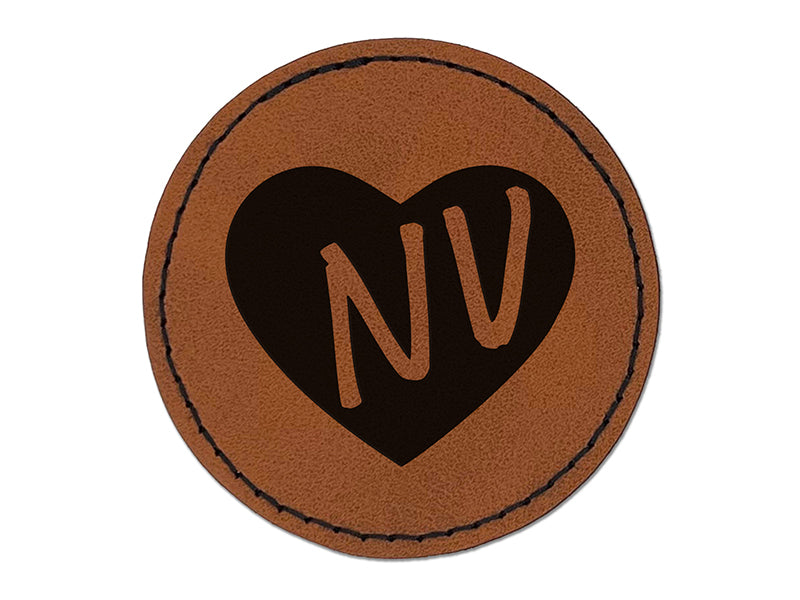 NV Nevada State in Heart Round Iron-On Engraved Faux Leather Patch Applique - 2.5"