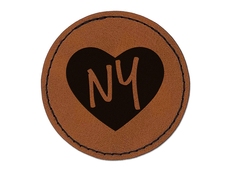 NY New York State in Heart Round Iron-On Engraved Faux Leather Patch Applique - 2.5"