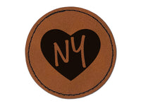 NY New York State in Heart Round Iron-On Engraved Faux Leather Patch Applique - 2.5"