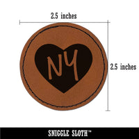 NY New York State in Heart Round Iron-On Engraved Faux Leather Patch Applique - 2.5"