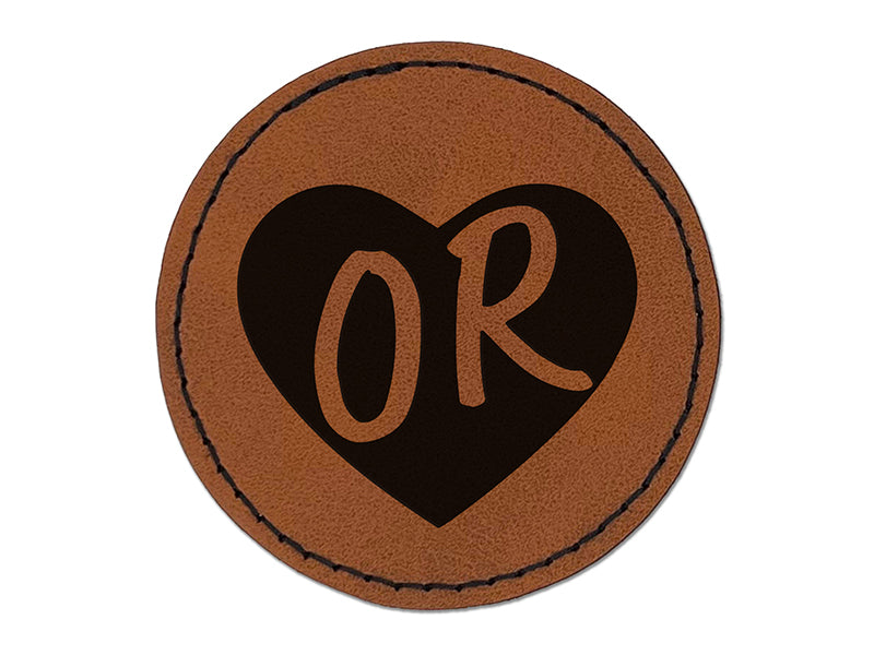 OR Oregon State in Heart Round Iron-On Engraved Faux Leather Patch Applique - 2.5"