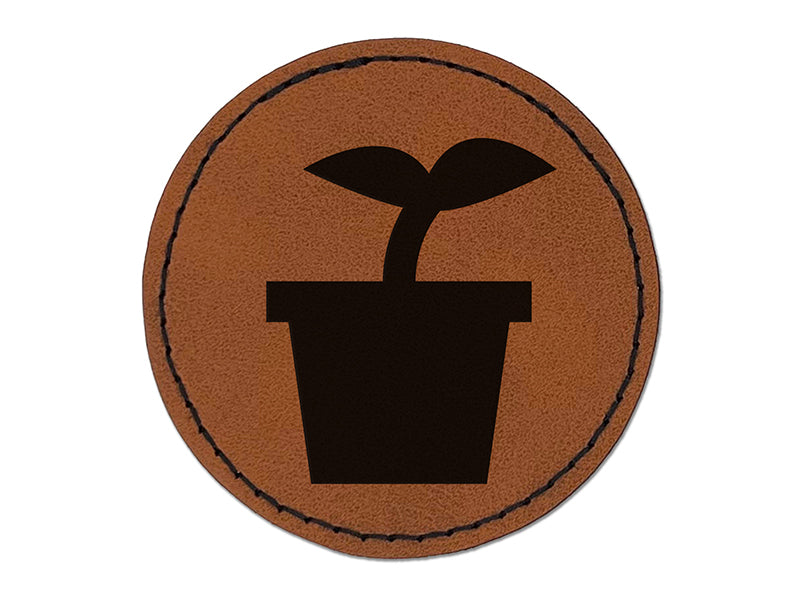 Plant Sprout Gardening Solid Round Iron-On Engraved Faux Leather Patch Applique - 2.5"