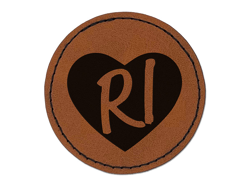 RI Rhode Island State in Heart Round Iron-On Engraved Faux Leather Patch Applique - 2.5"