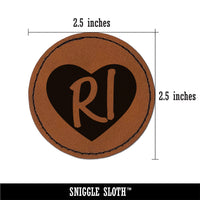 RI Rhode Island State in Heart Round Iron-On Engraved Faux Leather Patch Applique - 2.5"