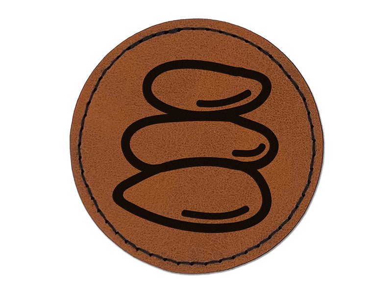 Rocks Cairn Pile of Stones Hiking Trail Marker Round Iron-On Engraved Faux Leather Patch Applique - 2.5"