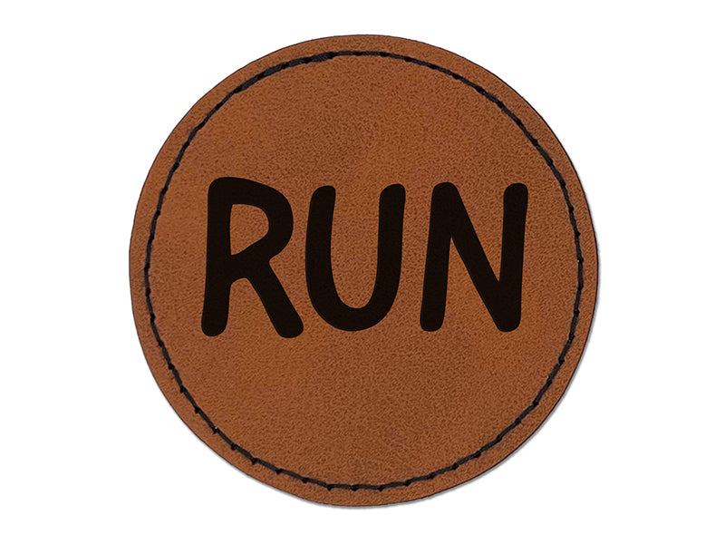 Run Jog Marathon Fun Text Round Iron-On Engraved Faux Leather Patch Applique - 2.5"