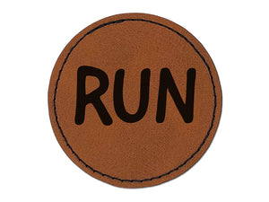 Run Jog Marathon Fun Text Round Iron-On Engraved Faux Leather Patch Applique - 2.5"