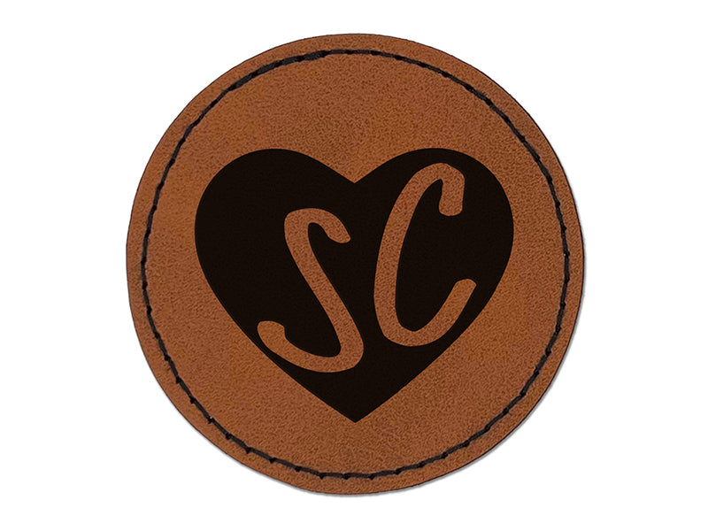 SC South Carolina State in Heart Round Iron-On Engraved Faux Leather Patch Applique - 2.5"