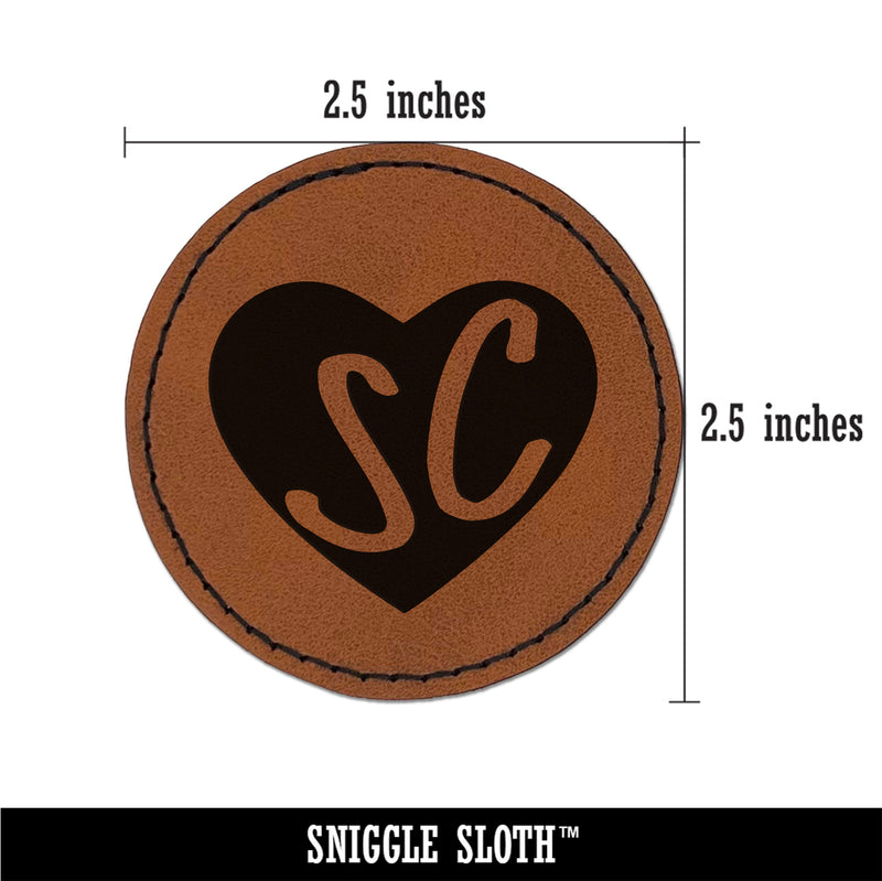 SC South Carolina State in Heart Round Iron-On Engraved Faux Leather Patch Applique - 2.5"