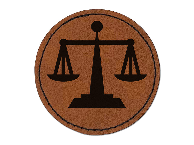 Scales of Justice Legal Lawyer Icon Round Iron-On Engraved Faux Leather Patch Applique - 2.5"