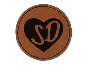 SD South Dakota State in Heart Round Iron-On Engraved Faux Leather Patch Applique - 2.5"