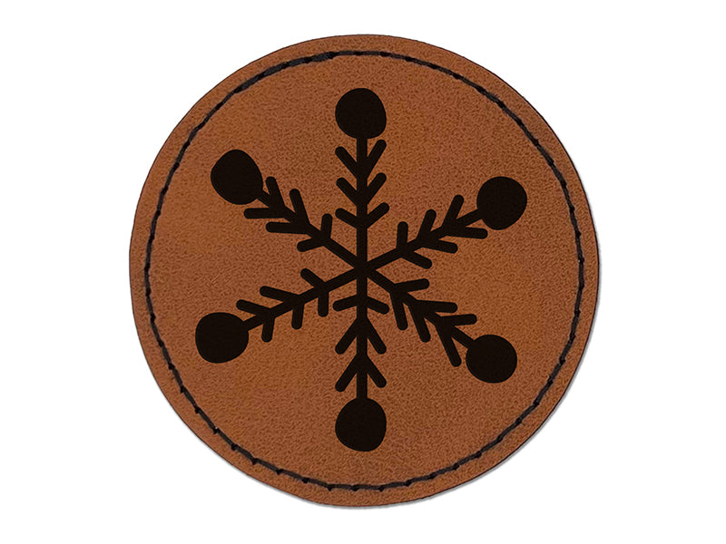 Snowflake Doodle Winter Round Iron-On Engraved Faux Leather Patch Applique - 2.5"