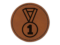 Sport Team Medal First Place Round Iron-On Engraved Faux Leather Patch Applique - 2.5"