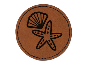 Starfish and Shell Beach Tropical Doodle Round Iron-On Engraved Faux Leather Patch Applique - 2.5"