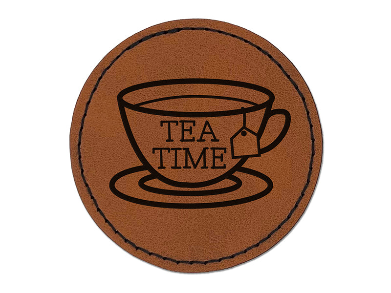 Tea Time Cup Round Iron-On Engraved Faux Leather Patch Applique - 2.5"