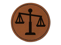 Tipping Scales of Justice Legal Lawyer Icon Round Iron-On Engraved Faux Leather Patch Applique - 2.5"