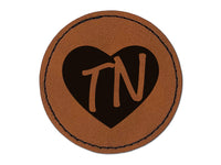 TN Tennessee State in Heart Round Iron-On Engraved Faux Leather Patch Applique - 2.5"