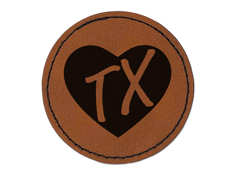 TX Texas State in Heart Round Iron-On Engraved Faux Leather Patch Applique - 2.5"