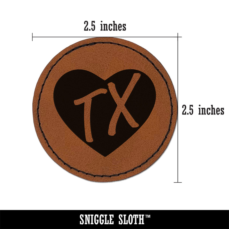 TX Texas State in Heart Round Iron-On Engraved Faux Leather Patch Applique - 2.5"