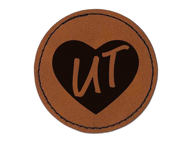 UT Utah State in Heart Round Iron-On Engraved Faux Leather Patch Applique - 2.5"