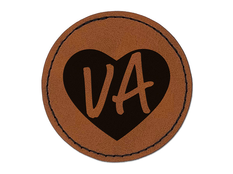 VA Virginia State in Heart Round Iron-On Engraved Faux Leather Patch Applique - 2.5"