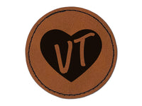 VT Vermont State in Heart Round Iron-On Engraved Faux Leather Patch Applique - 2.5"