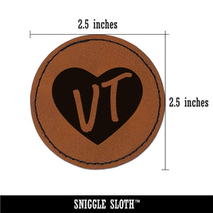 VT Vermont State in Heart Round Iron-On Engraved Faux Leather Patch Applique - 2.5"