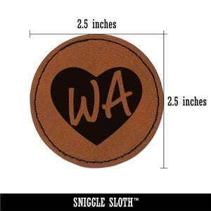 WA Washington State in Heart Round Iron-On Engraved Faux Leather Patch Applique - 2.5"